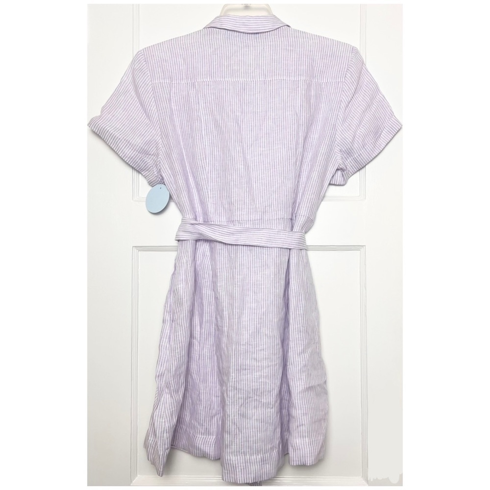 NWT HILL HOUSE Linen Lilac Stripe Short Sleeve Tie Waist Button Up Shirt Dress L - Picture 4 of 8